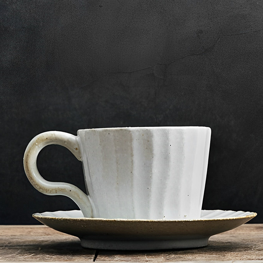 White Stoneware Coffee Mug Set |  3"x3" Cup, 6" Saucer | Ceramic Cup | Splatter Design | Brick by Brick