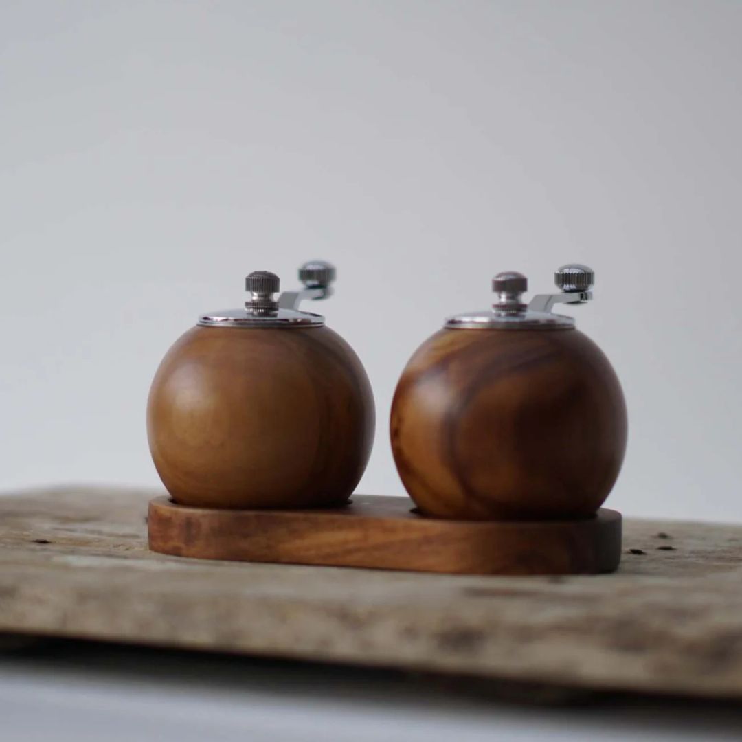 Wooden Salt and Pepper Grinder Set |  2.6 in × 2.2 in  | Adjustable Acacia Mills | With Base Stand | Brick by Brick