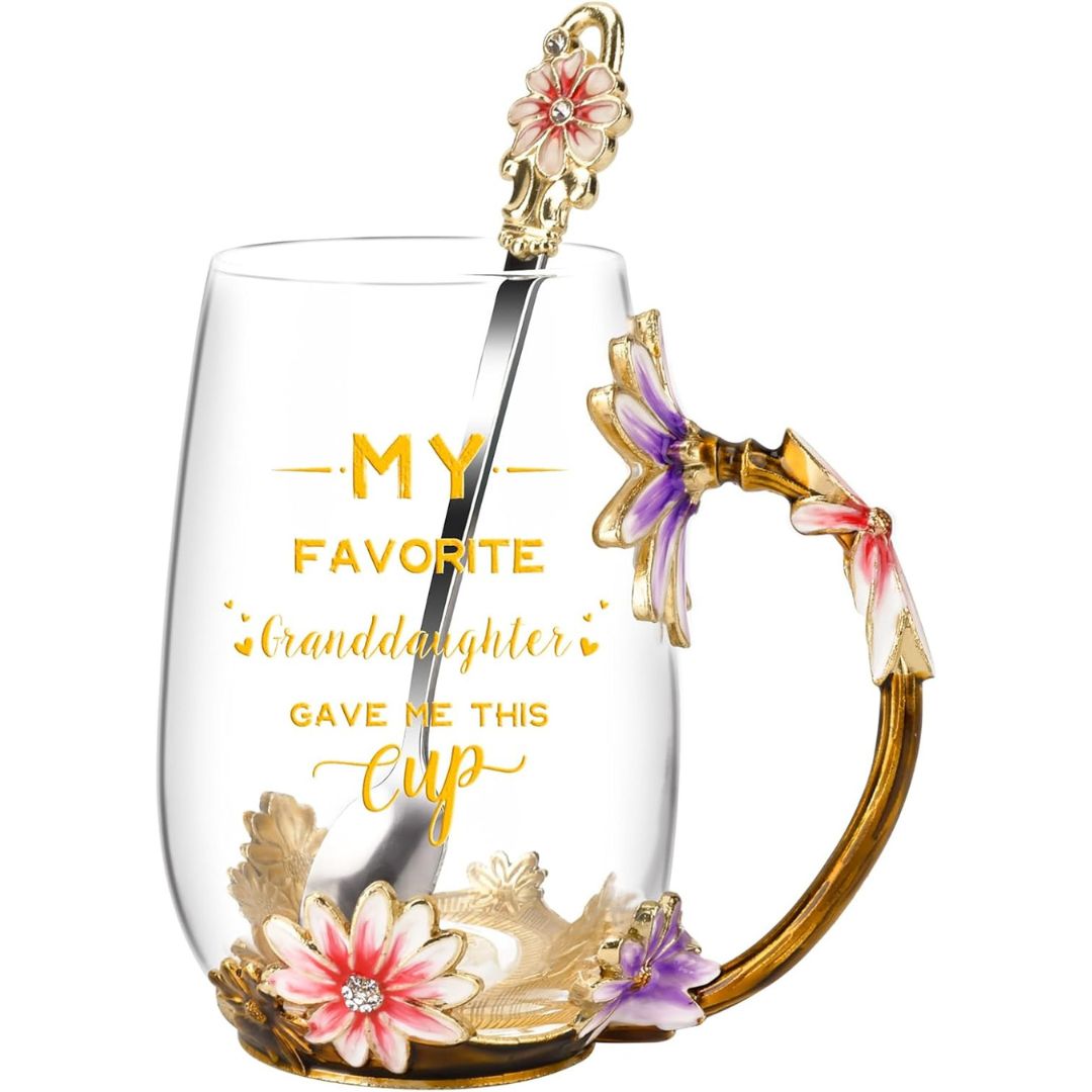 Glass Coffee Enamel Mug | 350ml | 3D Floral Glass Cup with Handle | Elegant Gift for Women | Brick by Brick