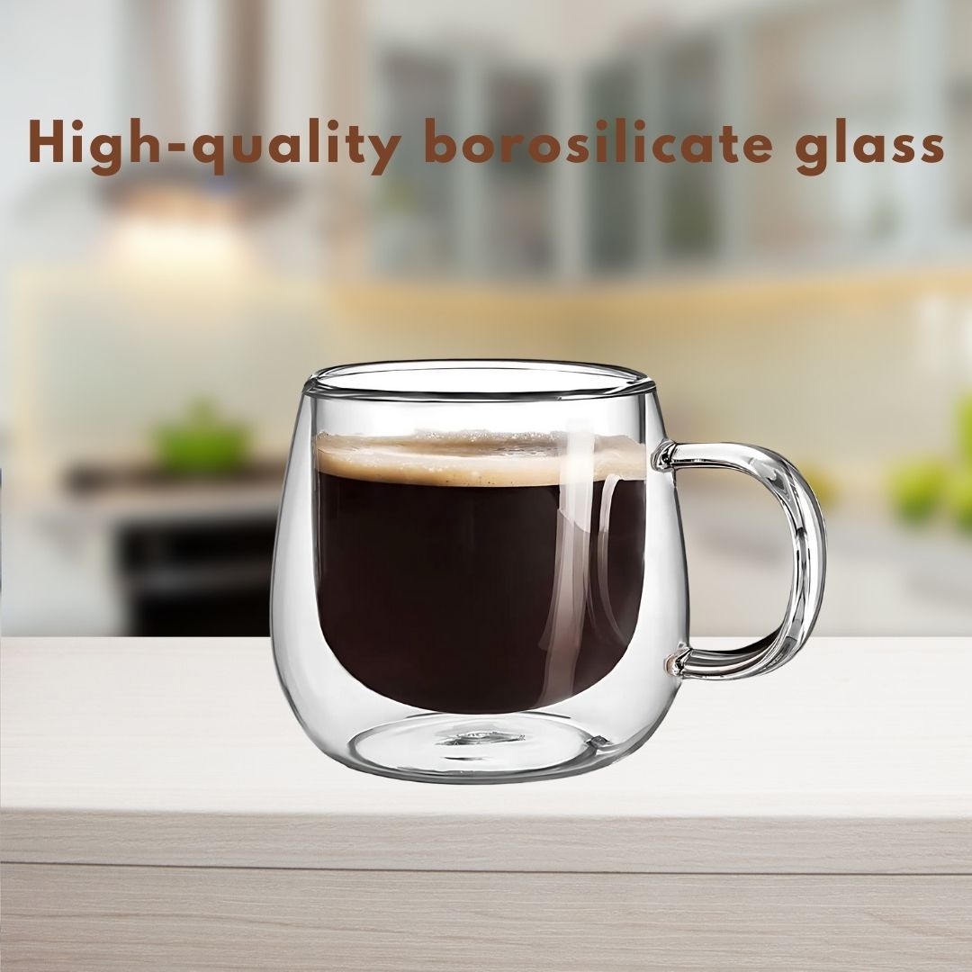 Double Wall Glass Coffee Mugs | 3.5 x 3.3 x 1.4 in | Heat Insulated | Clear Borosilicate Cups | Brick by Brick