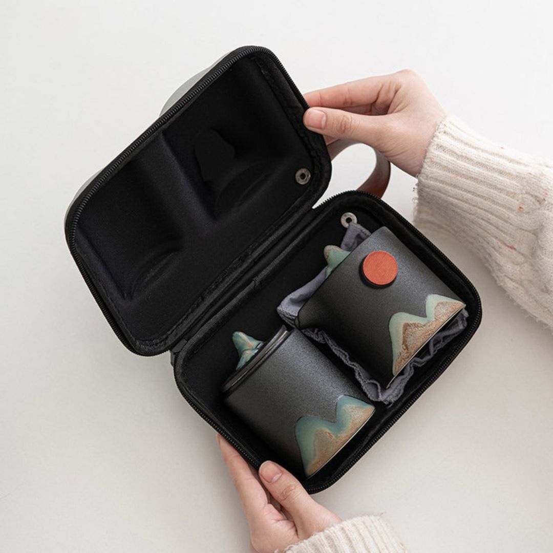 Japanese Mountain Sun Travel Tea Set | Portable Coarse Pottery Teaware | Handmade Glaze Design | Brick by Brick