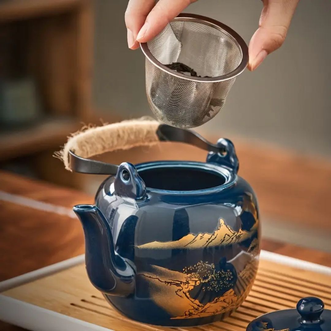 Japanese Blue Landscape Tea Set |6.3 × 4.7 × 5.1 in | Porcelain Teapot | 6 Cups and Tray | Brick by Brick
