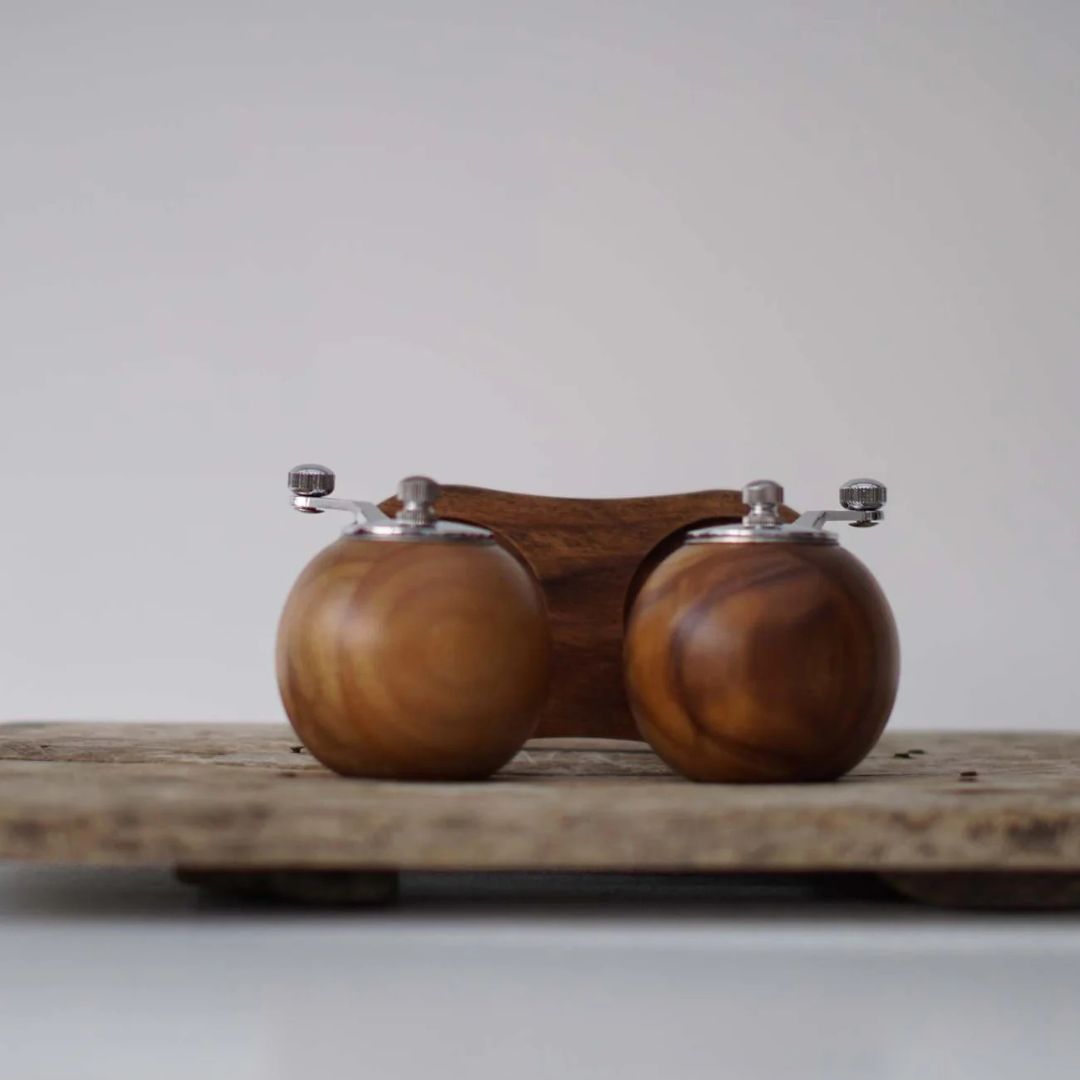 Wooden Salt and Pepper Grinder Set |  2.6 in × 2.2 in  | Adjustable Acacia Mills | With Base Stand | Brick by Brick
