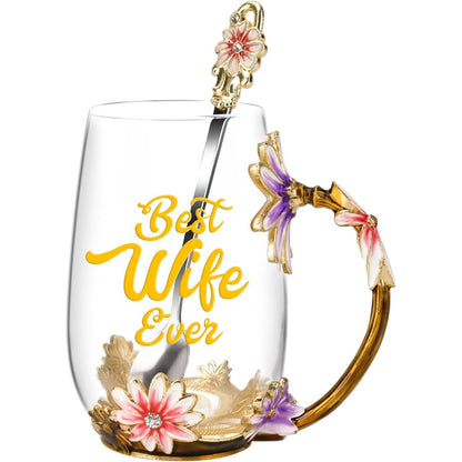 Glass Coffee Enamel Mug | 350ml | 3D Floral Glass Cup with Handle | Elegant Gift for Women | Brick by Brick