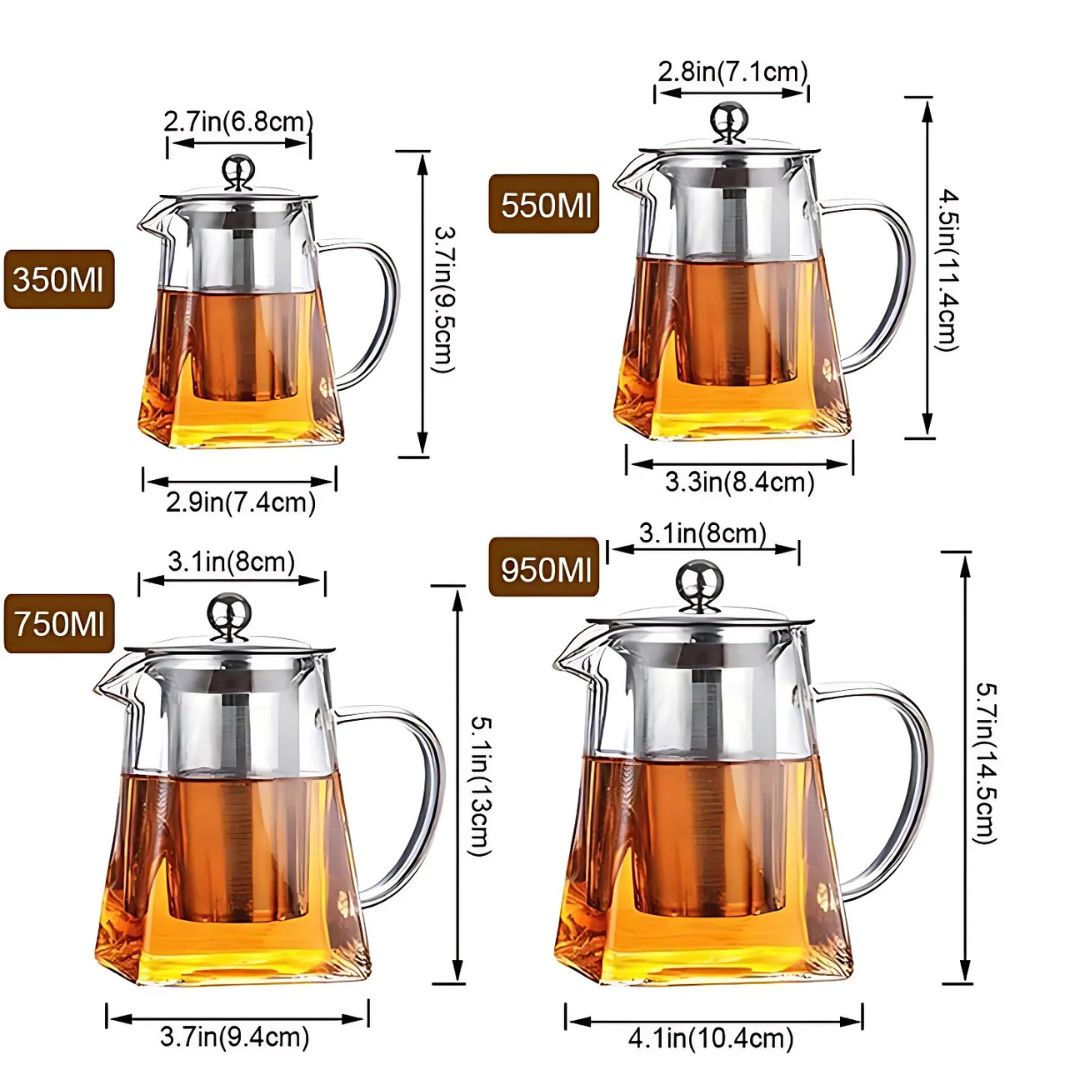 Borosilicate Glass Teapot | 350 - 950ml | Heat-Resistant Loose Leaf Teapot with Infuser | Modern Glass Teapot | Brick by Brick