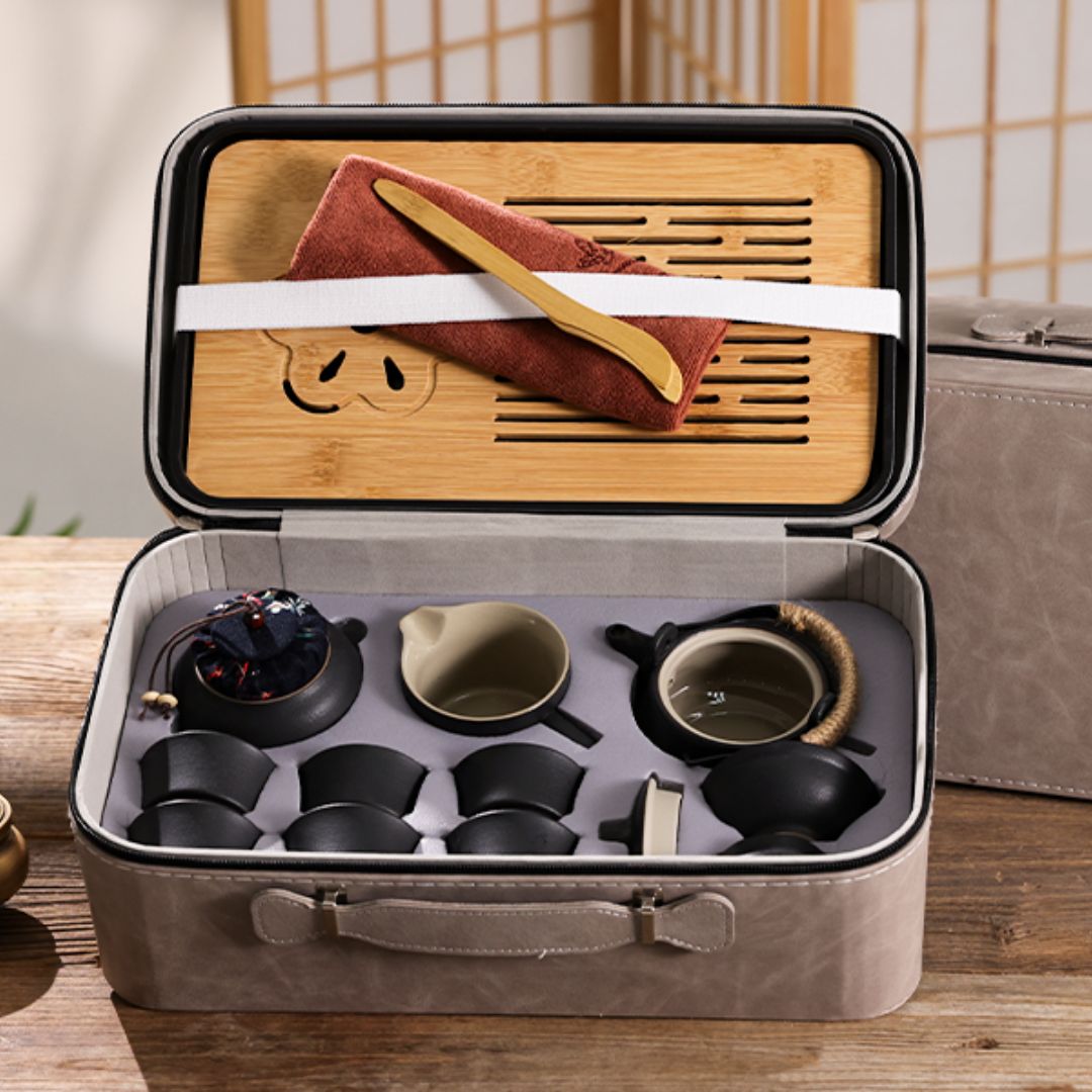 14-Piece Portable Travel Tea Set | Compact Ceramic Brewing Kit | Bamboo Tray | Brick by Brick