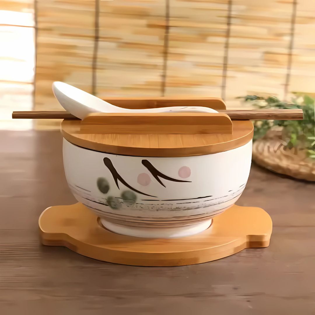 Japanese Handpainted Ramen Bowl Set | 40.5oz | Traditional Ceramic Bowl | Bamboo Lid & Wooden Tray | Brick by Brick