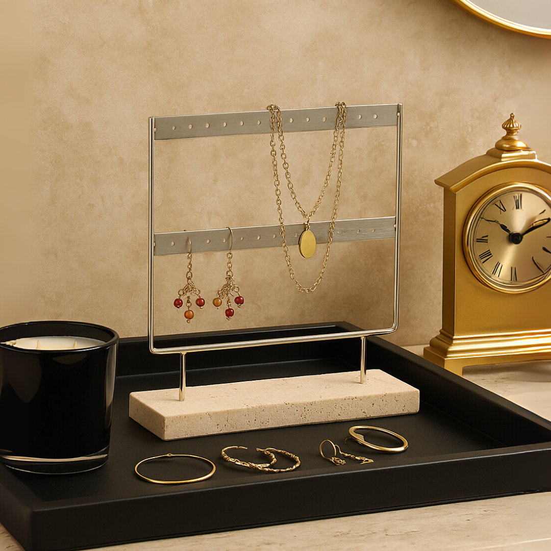 Aria Travertine Jewelry Rack | 7.9 × 2.4 × 8.7 in | Stone Base | Metal Frame | Brick by Brick