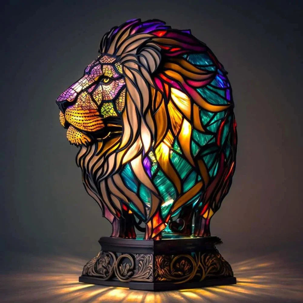 Stained Glass Table Lamp | Wolf Design with Mosaic Pattern | Artistic Animal Light Décor | Brick by Brick