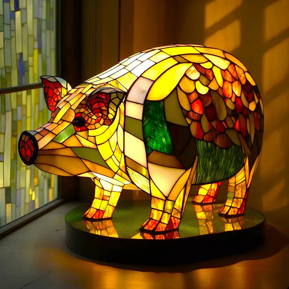 Stained Glass Table Lamp | Wolf Design with Mosaic Pattern | Artistic Animal Light Décor | Brick by Brick