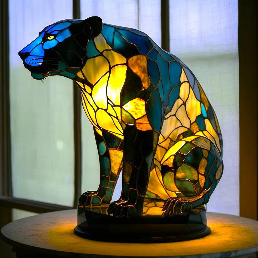 Stained Glass Table Lamp | Wolf Design with Mosaic Pattern | Artistic Animal Light Décor | Brick by Brick