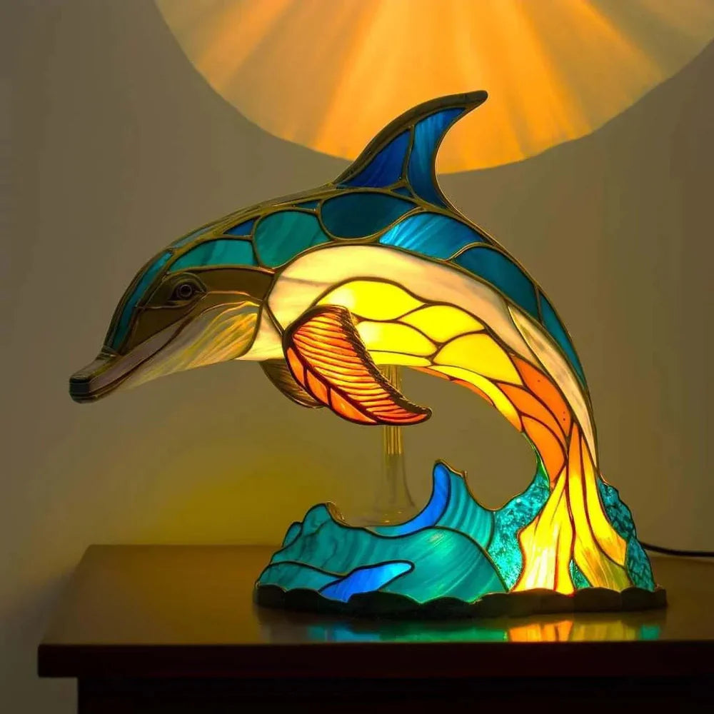 Stained Glass Table Lamp | Wolf Design with Mosaic Pattern | Artistic Animal Light Décor | Brick by Brick
