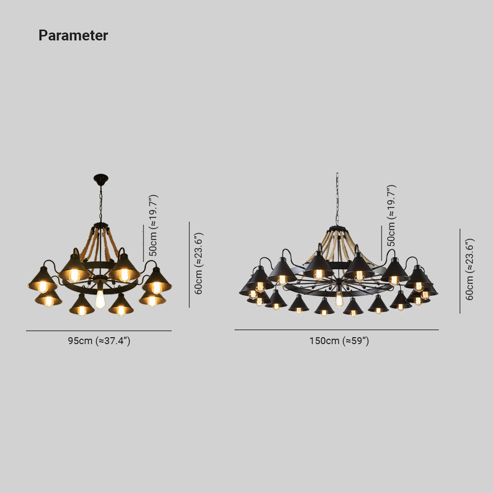 Vintage Industrial Rope Chandelier | 37.4/59 x 19.7 x 23.6 in | 9 or 17 Lights | Black Finish | Brick by Brick