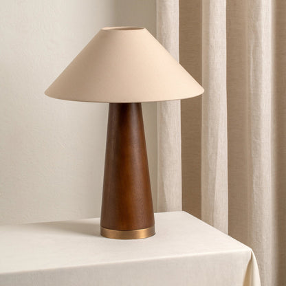 Baneza Table Lamp | Aged Brass & Wood | Cozy Bedside Lamp with Warm Cream Linen Shade | Brick by Brick London 0
