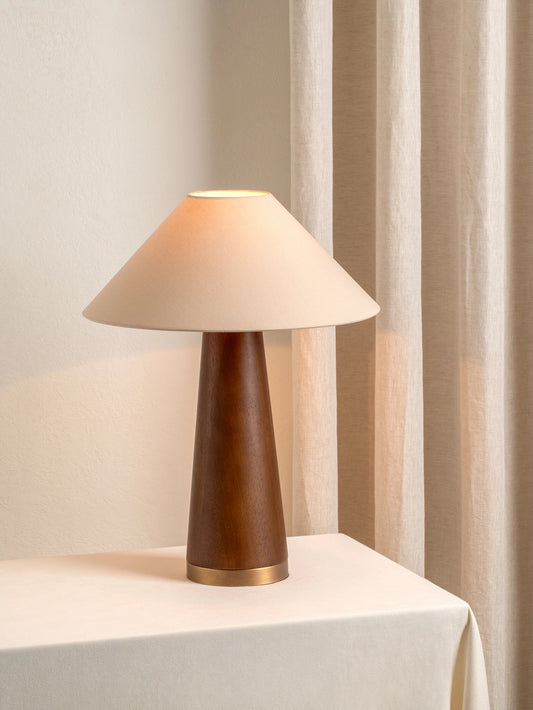 Baneza Table Lamp | Aged Brass & Wood | Cozy Bedside Lamp with Warm Cream Linen Shade | Brick by Brick London 1