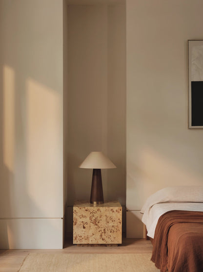 Baneza Table Lamp | Aged Brass & Wood | Cozy Bedside Lamp with Warm Cream Linen Shade | Brick by Brick London 2