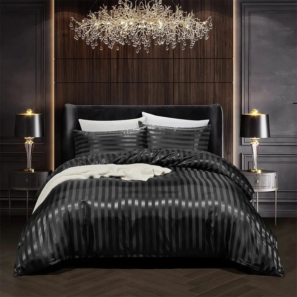 Luxury Satin Bedding Set | 68.1 - 103.9 x 90.2 in | Striped Metallic Design | Elegant Bedroom Décor | Brick by Brick