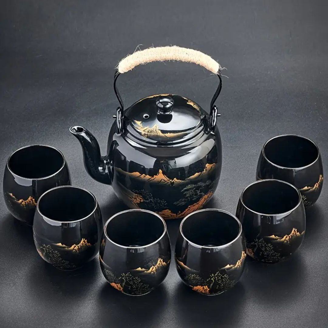 Japanese Blue Landscape Tea Set |6.3 × 4.7 × 5.1 in | Porcelain Teapot | 6 Cups and Tray | Brick by Brick