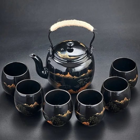 Japanese Blue Landscape Tea Set |6.3 × 4.7 × 5.1 in | Porcelain Teapot | 6 Cups and Tray | Brick by Brick