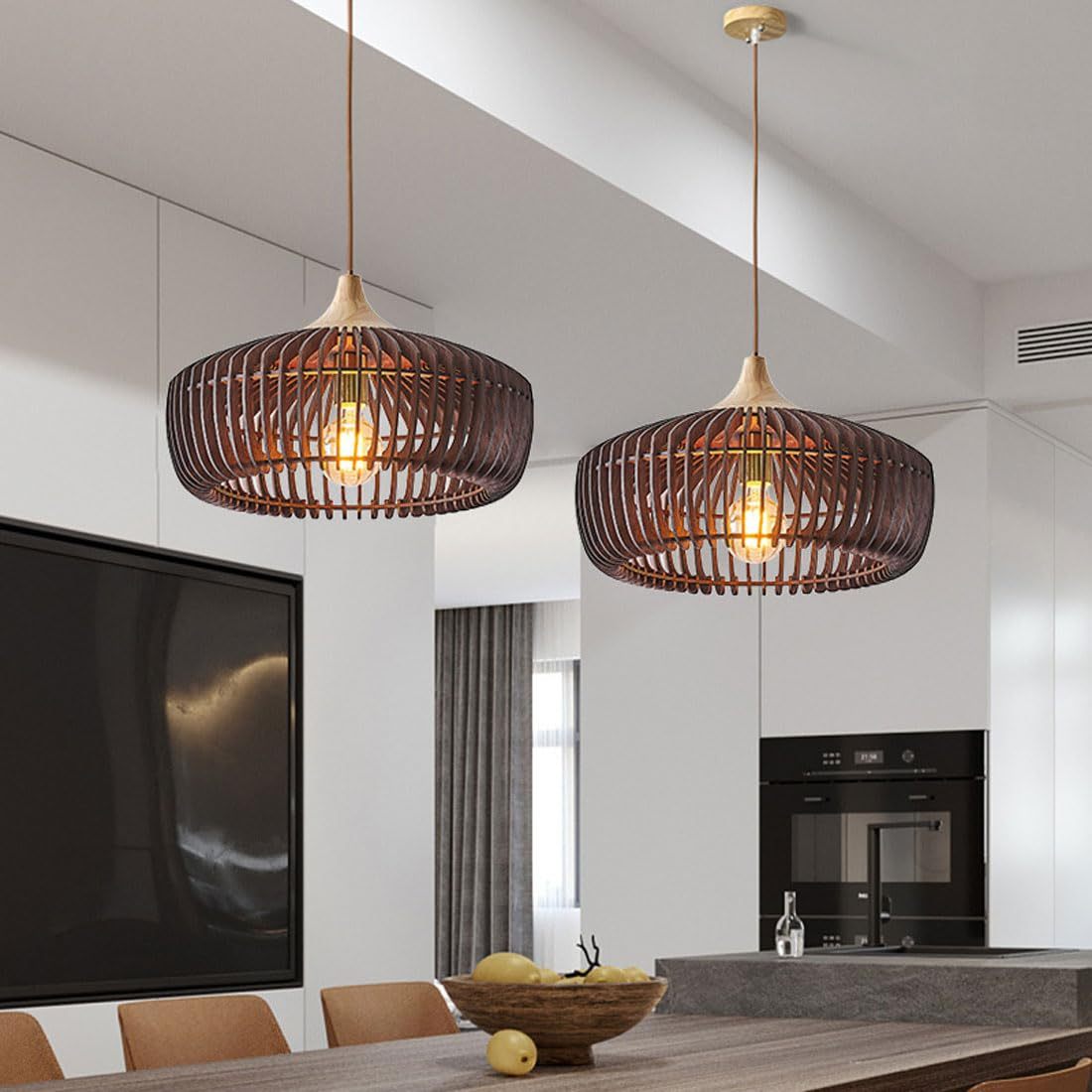 Nordic Japanese Pendant Light | 16.9 x 11 x 47.2 in | Wooden Dome Shade | Adjustable Height | E27 Bulb | Brick by Brick