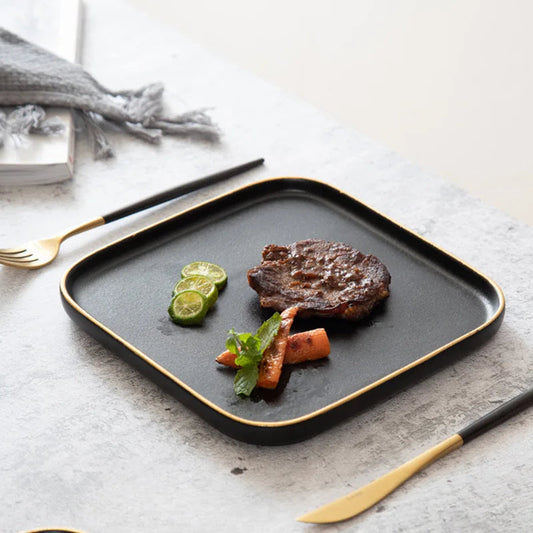 Blino Square Dinner Plates | Elegant Dinnerware Set | 10 Black & Gold Design | Durable Ceramic | Brick by Brick London 0