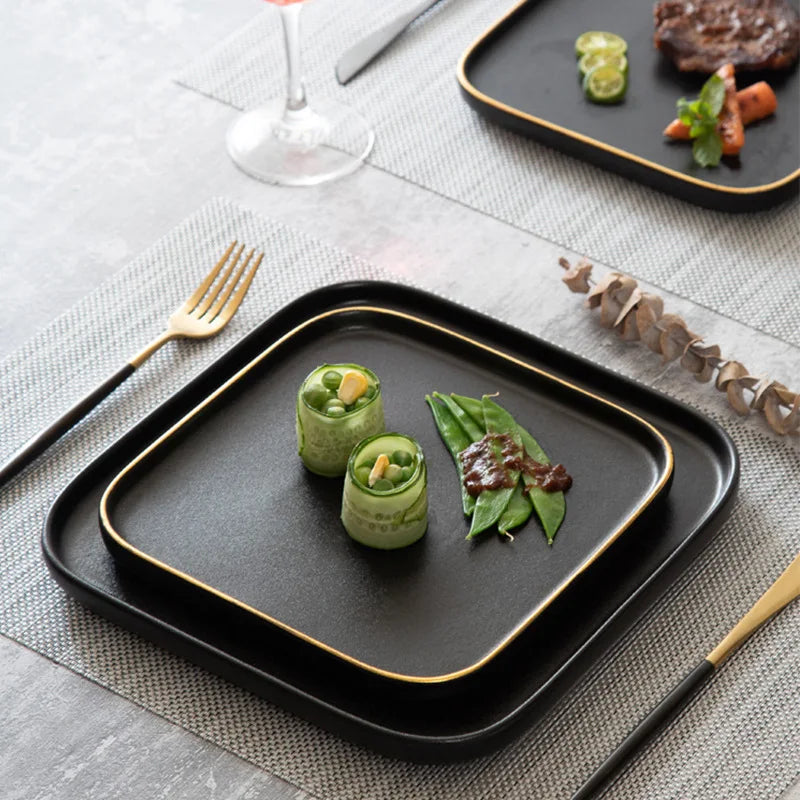 Blino Square Dinner Plates | Elegant Dinnerware Set | 10 Black & Gold Design | Durable Ceramic | Brick by Brick London 1