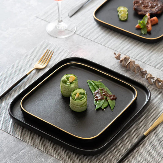 Blino Square Dinner Plates | Elegant Dinnerware Set | 10 Black & Gold Design | Durable Ceramic | Brick by Brick London 1