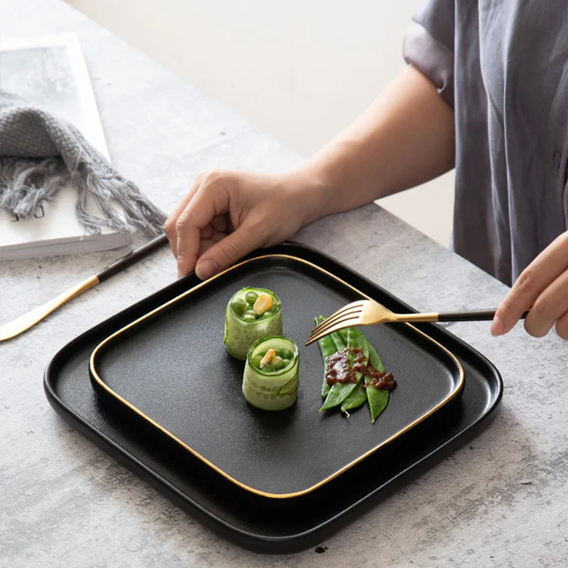 Blino Square Dinner Plates | Elegant Dinnerware Set | 10 Black & Gold Design | Durable Ceramic | Brick by Brick London 2
