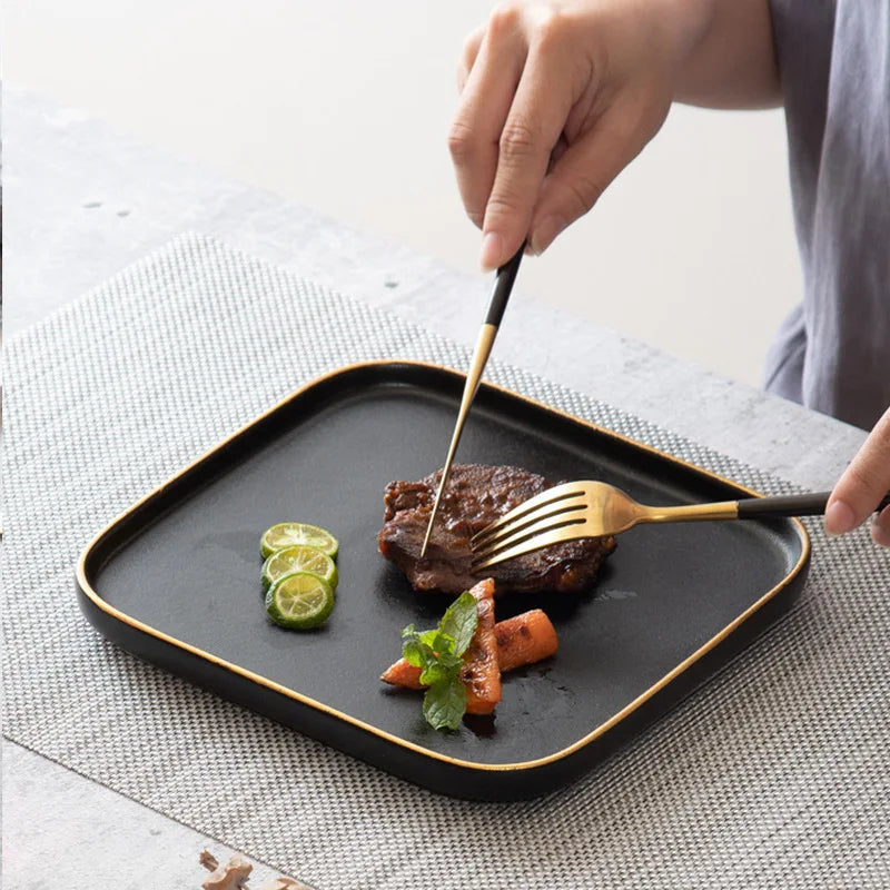 Blino Square Dinner Plates | Elegant Dinnerware Set | 10 Black & Gold Design | Durable Ceramic | Brick by Brick London 3