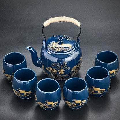 Japanese Blue Landscape Tea Set |6.3 × 4.7 × 5.1 in | Porcelain Teapot | 6 Cups and Tray | Brick by Brick