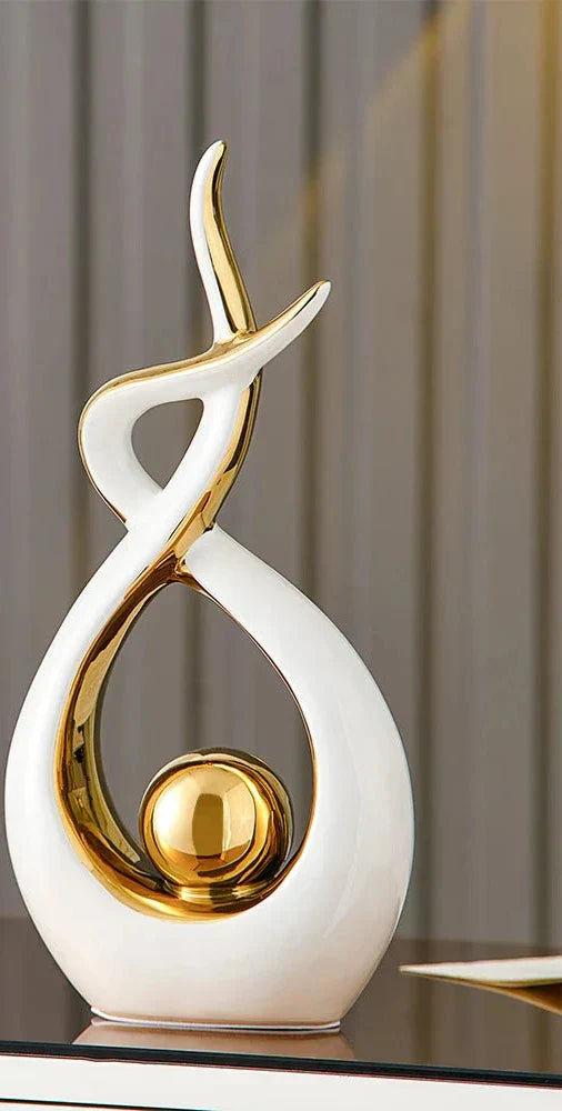 Abstract Ceramic Sculpture | Modern Decor with Gold Accents | Shelf or Desk Ornament