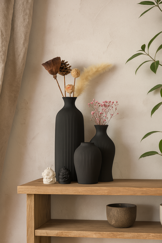 Ribbed Ceramic Vase Set | Modern Decor in Terracotta or Matte Black | Sculptural Trio
