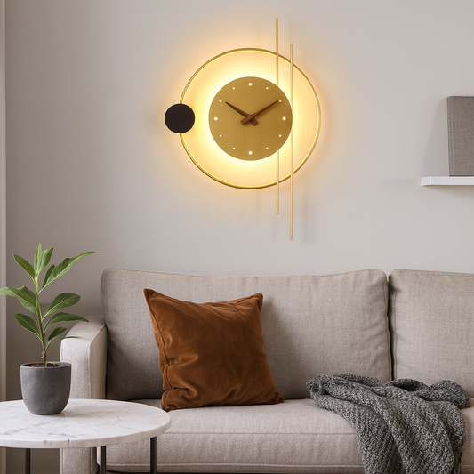 Artistic Wall Clock with Lamp | Gold Aluminium Design | 22.4 x 16.3 | Brick by Brick