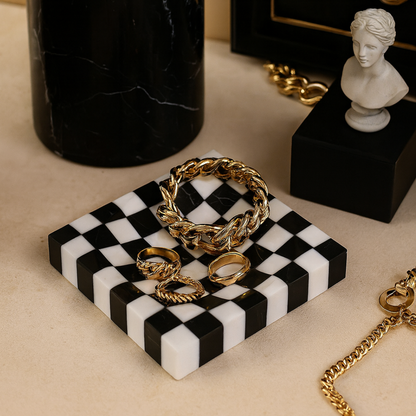 Checkered Marble Jewelry Tray |  4.7 × 0.8 in | Stone Inlay | Modern Vanity Organizer | Brick by Brick