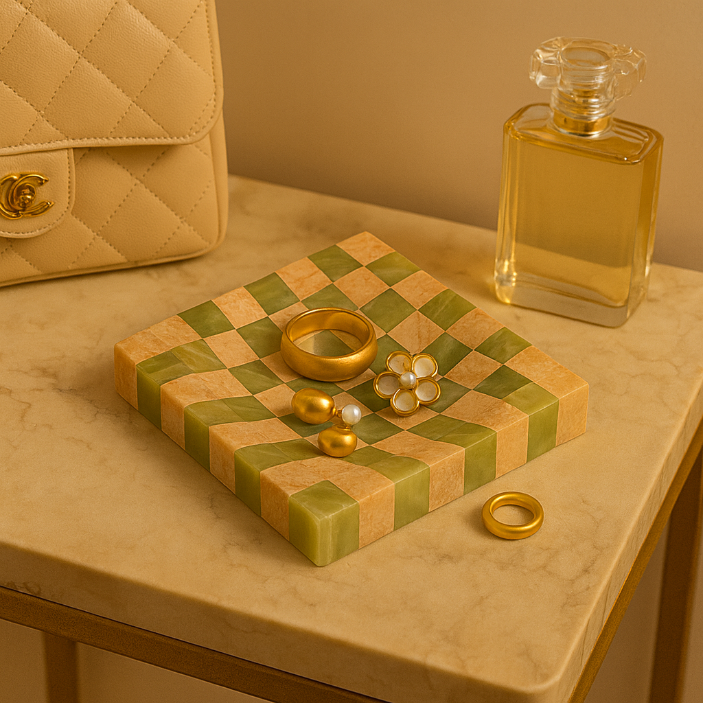 Checkered Marble Jewelry Tray |  4.7 × 0.8 in | Stone Inlay | Modern Vanity Organizer | Brick by Brick