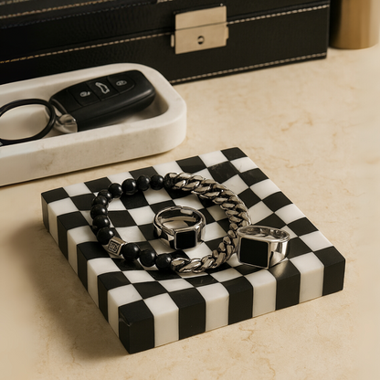 Checkered Marble Jewelry Tray |  4.7 × 0.8 in | Stone Inlay | Modern Vanity Organizer | Brick by Brick