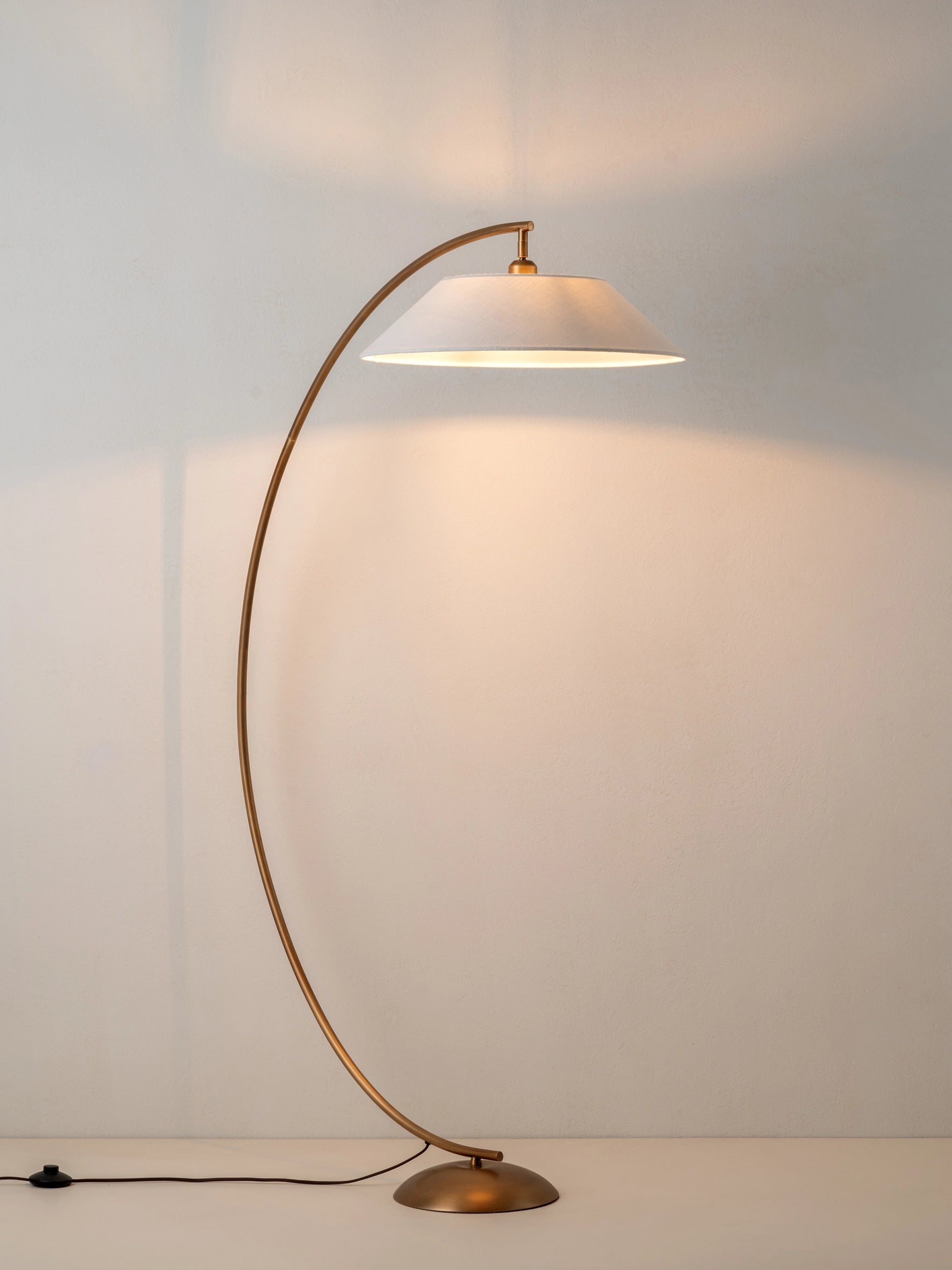 Circo Arc Floor Lamp Aged Brass | Modern & Traditional Lighting | Natural Linen Shade | Brick by Brick London 1