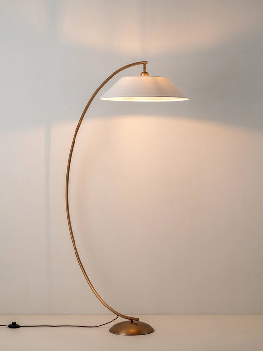 Circo Arc Floor Lamp Aged Brass | Modern & Traditional Lighting | Natural Linen Shade | Brick by Brick London 1