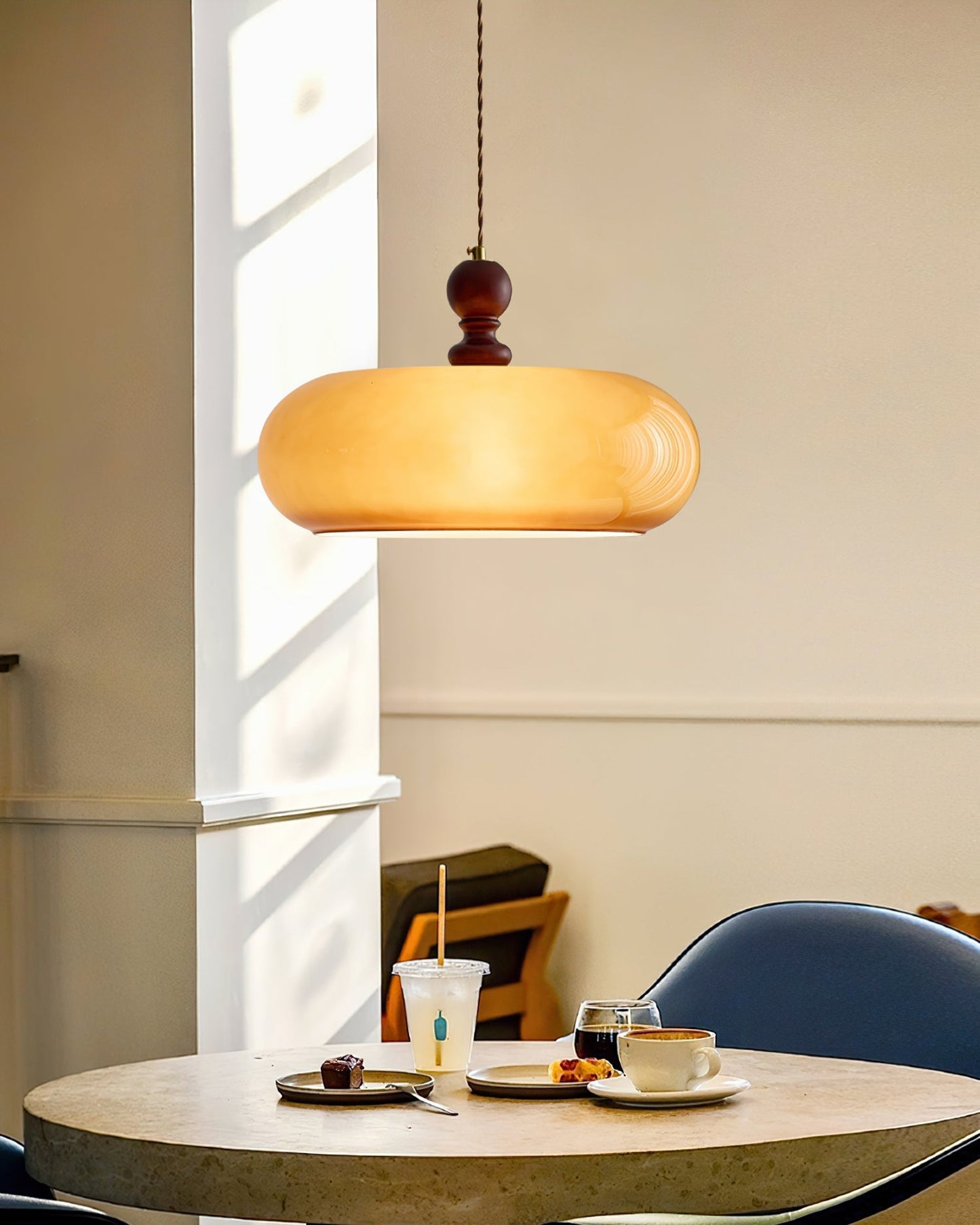 Amber Glass Shade Pendant Light | 15.7 x 10.6 in | Warm Walnut Finish | Amber Glass Shade | Brick by Brick