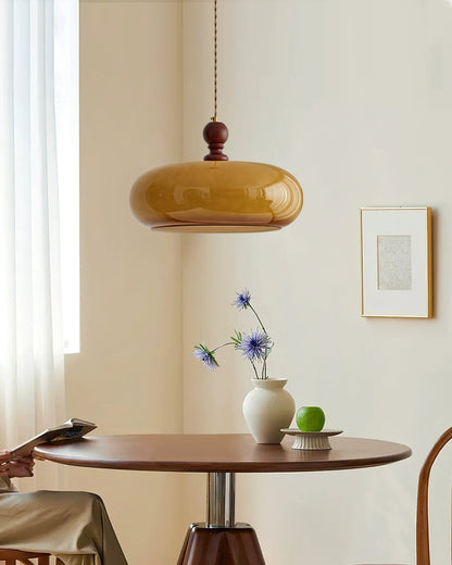 Amber Glass Shade Pendant Light | 15.7 x 10.6 in | Warm Walnut Finish | Amber Glass Shade | Brick by Brick