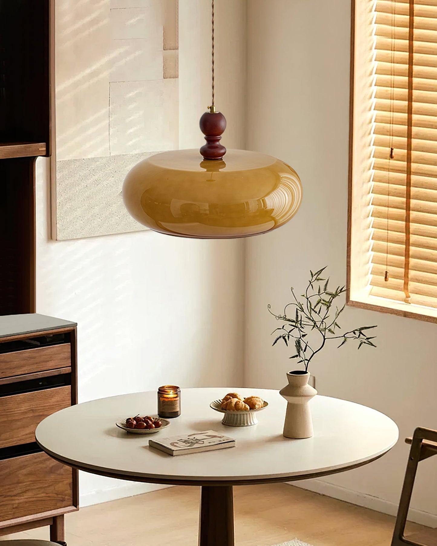 Amber Glass Shade Pendant Light | 15.7 x 10.6 in | Warm Walnut Finish | Amber Glass Shade | Brick by Brick