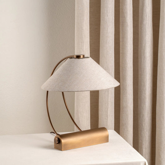 Deska Task Lamp Aged Brass | Elegant Task Lighting | Linen Shade | Rotary Dimmer | Brick by Brick London 0
