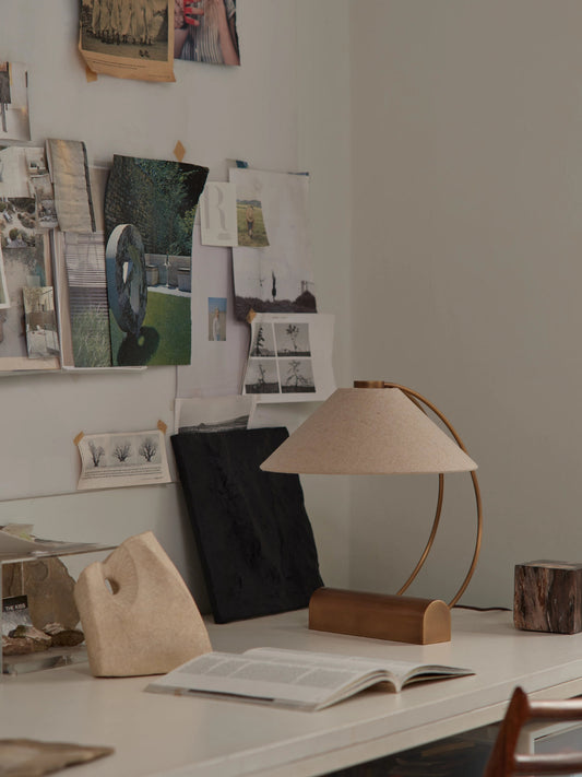 Deska Task Lamp Aged Brass | Elegant Task Lighting | Linen Shade | Rotary Dimmer | Brick by Brick London 1