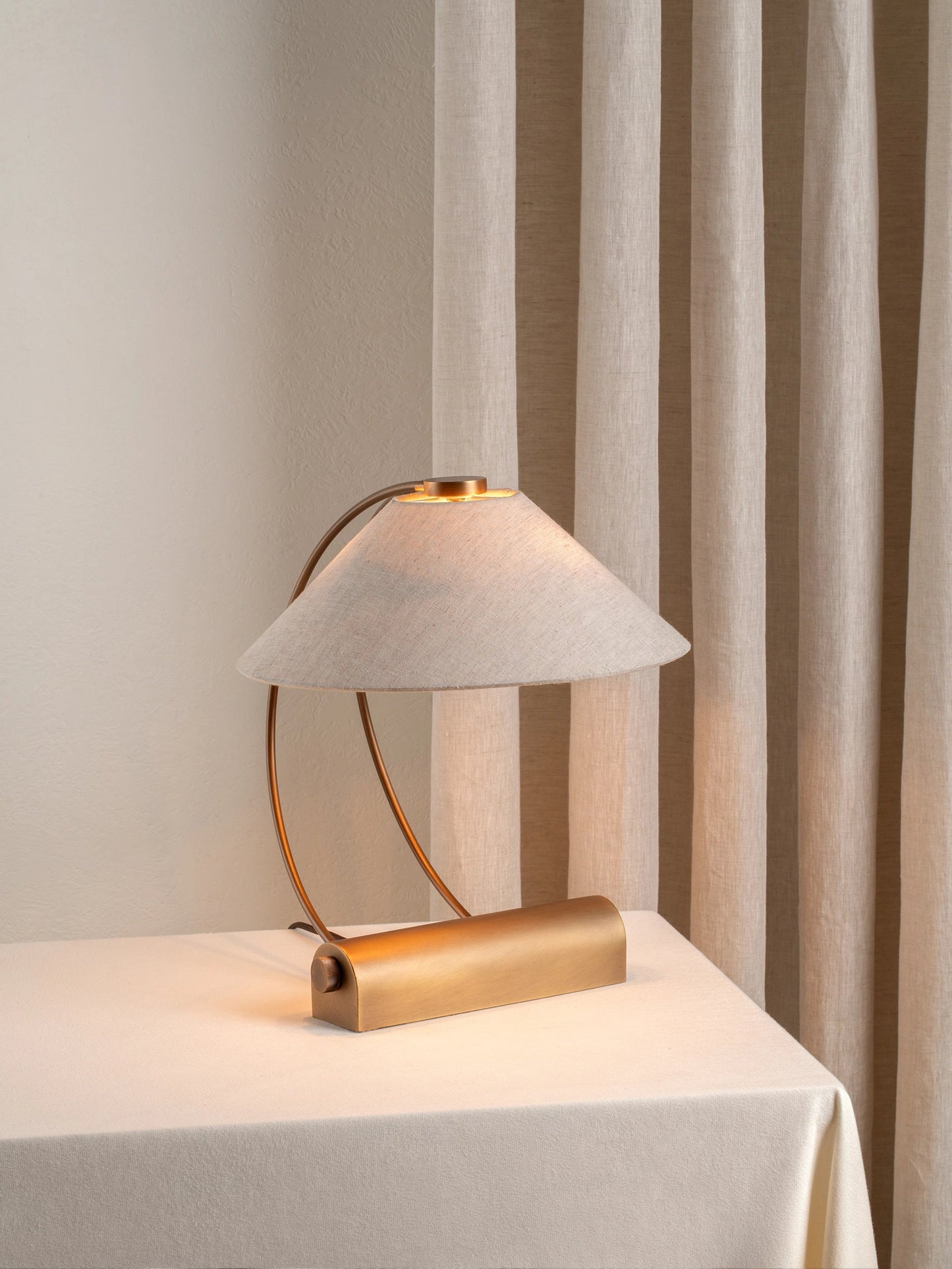 Deska Task Lamp Aged Brass | Elegant Task Lighting | Linen Shade | Rotary Dimmer | Brick by Brick London 2