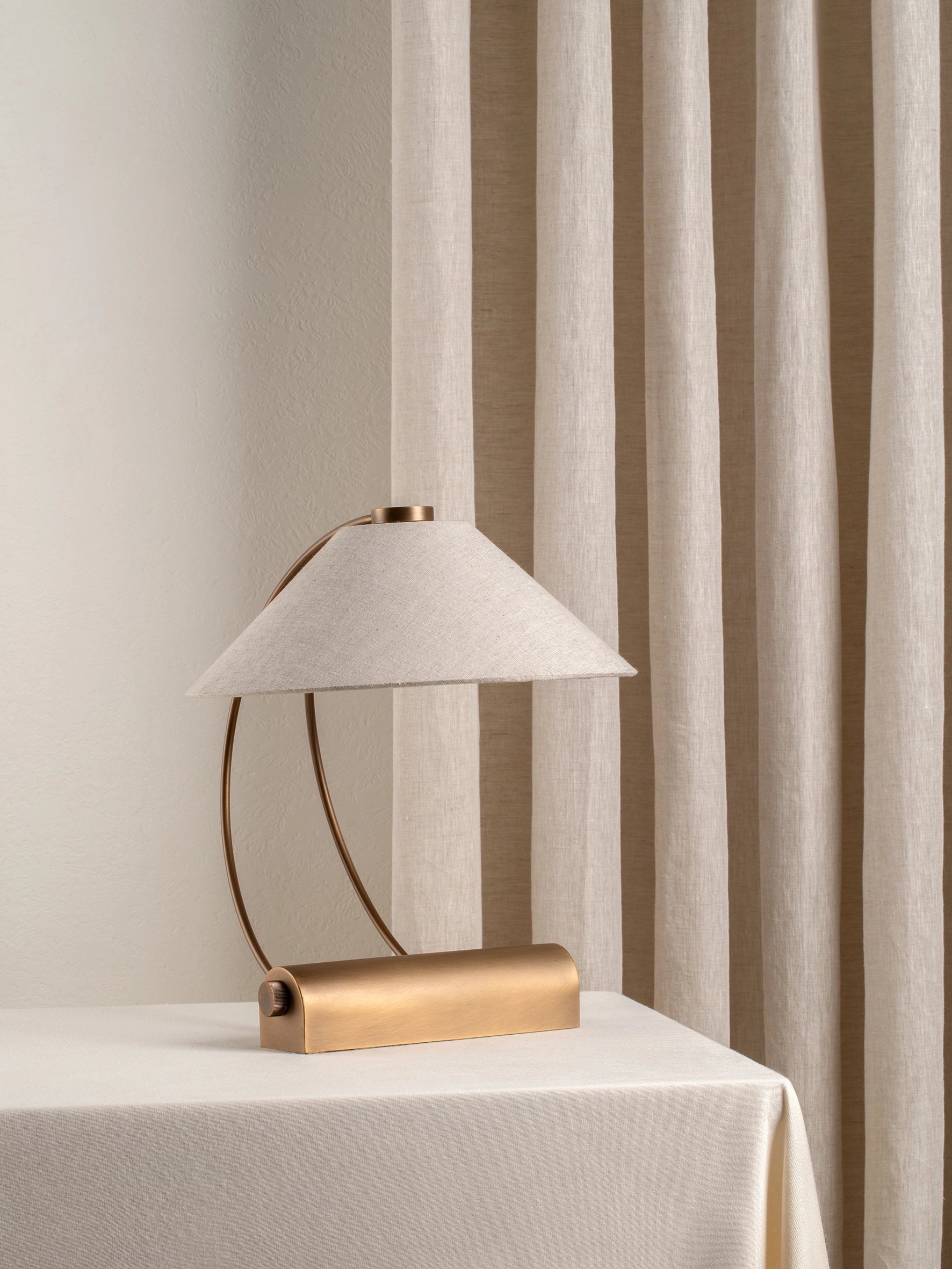 Deska Task Lamp Aged Brass | Elegant Task Lighting | Linen Shade | Rotary Dimmer | Brick by Brick London 6