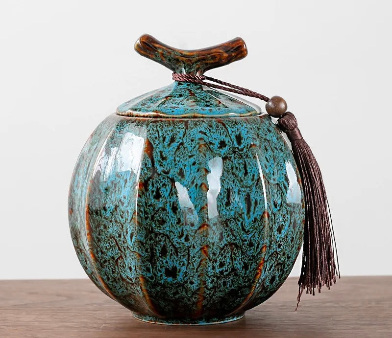 Handcrafted Ceramic Tea Jar | 4.72H x 4.21W | Elegant Chin Design | With Lid & Tassel | Brick by Brick