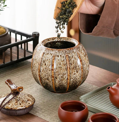 Handcrafted Ceramic Tea Jar | 4.72H x 4.21W | Elegant Chin Design | With Lid & Tassel | Brick by Brick