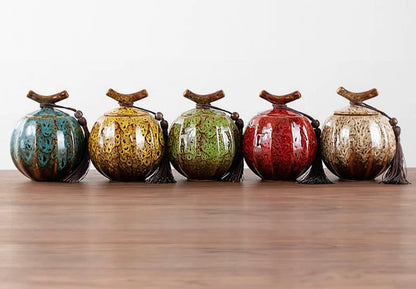 Handcrafted Ceramic Tea Jar | 4.72H x 4.21W | Elegant Chin Design | With Lid & Tassel | Brick by Brick