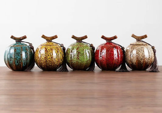 Handcrafted Ceramic Tea Jar | 4.72H x 4.21W | Elegant Chin Design | With Lid & Tassel | Brick by Brick