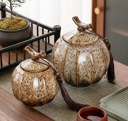 Handcrafted Ceramic Tea Jar | 4.72H x 4.21W | Elegant Chin Design | With Lid & Tassel | Brick by Brick